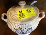 Large Porcelain Soup Tureen with Blue Eagle and Matching Porcelain Ladle