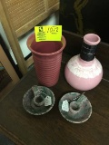 4 Piece Pottery Lot; includes Pink Speckled Pottery Vessel, Ribbed Vase, and Candlestick Holder Set