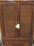 Tall Wicker and Wood Entertainment Center/Bar with Glass Knobs