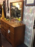 1950s Colonial Style Hard Rock Maple 6 Drawer Dresser with Matching Attached Mirror