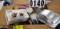 Box Lot of Kitchen Items including Vases and 2 Candle Holders