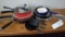 Group of frying pans, pots and small cast iron frying pans