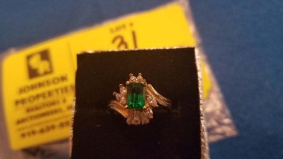 Estate Jewelry:  10K Yellow Gold Ring w/ created Emerald + CZ; Size 7.5