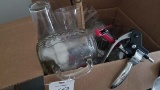 Box of assorted kitchen items--glasses, utensils, Rabbit Opener, tongs, etc.; plus door locks