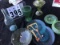 Assortment of items including a homemade sling shot, blue & green glass plates