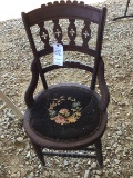 Vintage wood chair w/ cloth needlepoint seat, approx. 34