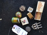 Group of costume jewelry: NC Brick cuff links, Campbell cotton pins, rolling toy turtle, etc.