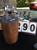 Wood bucket w/ metal sun dial top, bucket is approx. 14