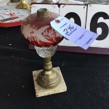 Oil lamp w/ red & clear chimney & marble bottom, approx. 13