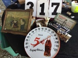 Tool kit, Coca-Cola clock, old print of 3 ladies, Peaches records & tapes wooden box