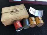 Box of Rooster Snuff (1 dozen -10 cent cans) in unopened cans & 4 individual snuff tins