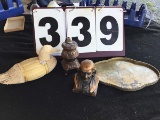 Wooden cork duck, pot-bellied stove bank, Ben Franklin Life Insurance Co. bank, & brass tray