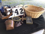 Basket of miscellaneous of items: candlestick holder, brass plantar, etc.