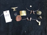 Miscellaneous group of items; including a brass anvil, belt buckle, bells, mini harmonica