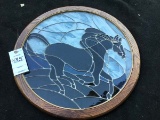 Round stained glass picture of a horse, approx. 22 1/2