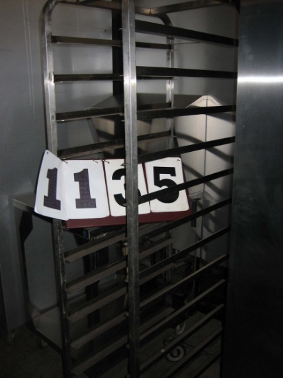 Used SS Sheet Pan Rack ono Casters; Half Size; 12 Slots; 27" deep x 15" wide x 70" tall