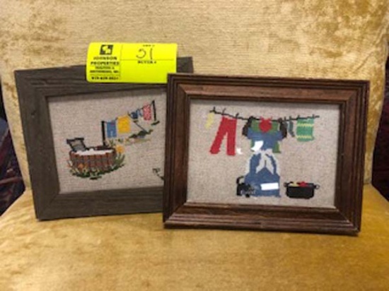 2 Piece Lot of Framed, Handmade, Cross-Stitched Black Americana "Mammy" Washing