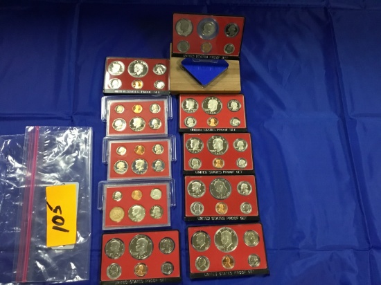Group of 10 US Proof Sets, 1973-1982 in clear plastic cases