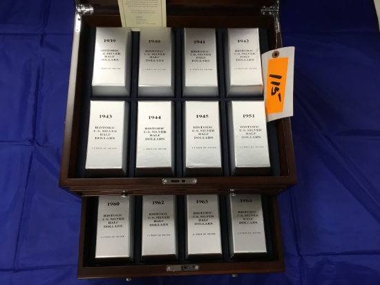 Historic US Silver Half Dollars; 1.1 Troy Oz. Silver, in 2 drawer, velvet lined wood display case (1