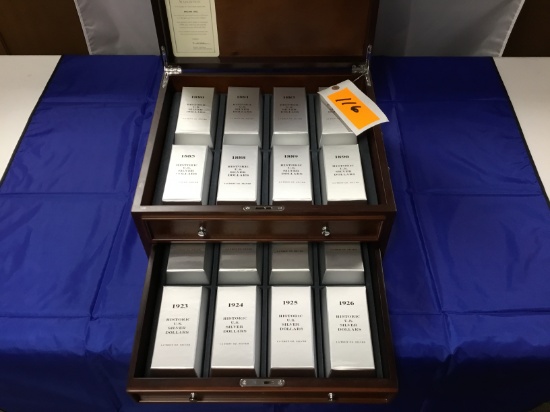 Historic US Silver Half Dollars; 1.5 Troy Oz. Silver, in 2 drawer, velvet lined wood display case (1