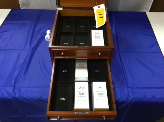 American Eagle Silver Dollars 2.0 Troy Ozs. Silver in 2 drawer, hinged lid, velvet lined display cas