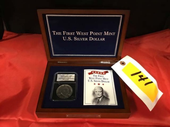 The First West Point Mint US Silver Dollar 1990 W in wood display box, Eisenhower Centennial, 90% Si