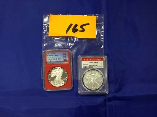 Two Silver Dollars, 1987 S Eagle PF69 Ultra Cameo and 2013 S Eagle PCGS MS69