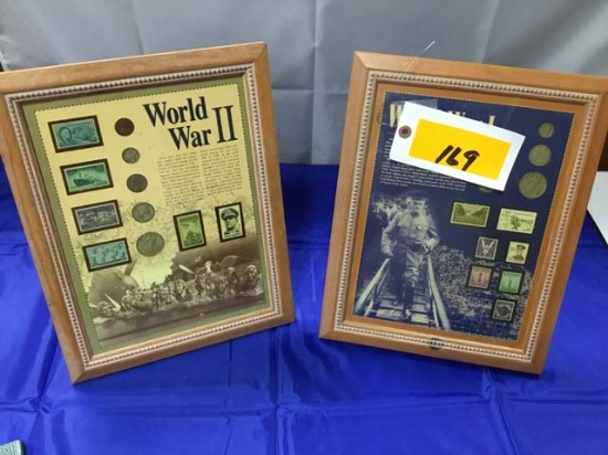 Framed World War I Stamps and Coins and Framed World War II Stamps and Coins; Oak Frames