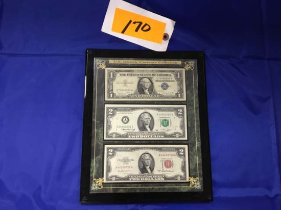 US Historical Currency Collection Plaque: $1 Dollar Bill with Blue Seal, $2 Bill with Green Seal, an