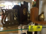 Group of Three Book Ends (Quails, Wood with Metal Shield, and Brass Harp)