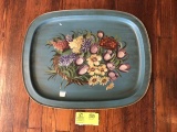 Hand Painted Floral Tole Tray, Teal, 23.5