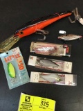 Bag Lot of Vintage Fishing Lures; different styles, shapes, colors; approx. 6 lures total