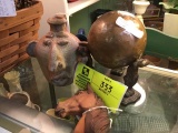 Copper Baseball on Stand, Horse Head Hook/Hanger, and Pottery Face Jug