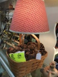 Longaberger Basket Lamp (filled with Pine Cones) with Red Plaid Cloth Covered Shade