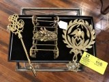 Three Brass Items; includes Eagle Designed Trivet, Fireplace Damper Pull, and Bird Designed Stand