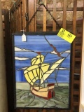 Framed Stained Glass Sailing Ship Scene, 19