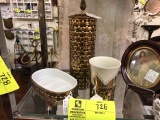 Three Piece Aged Gold Look Glass and Metal Bathroom Set