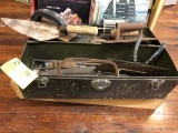 Old Tool Box filled with Assorted Tools; includes Cement Items, Pliers, Saw, etc