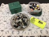 Sewing Lot; includes Pressed Glass Dish filled with Buttons, Small Green Tasseled 