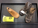 Child's Wooden Shoe Form and Antique Pair of Child's Shoes