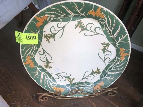 Tin Decorative Platter, Green and Gold, with Metal Stand; 20" diameter