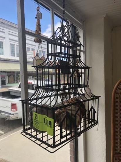 Metal Bird Cage, Oriental House Design Style, 16" tall x 11" wide, has Three Decorative Feathered Ba