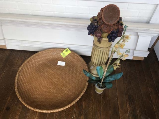 Group of Decorative Items; includes Wicker Basket (22" diameter), Pedestal with Fruit Designed Candl