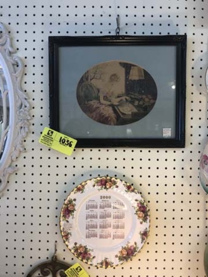 Framed "Lady at Writing Desk" Art Print, 15"x13" and Royal Albert Calendar Plate, 10.5" diameter