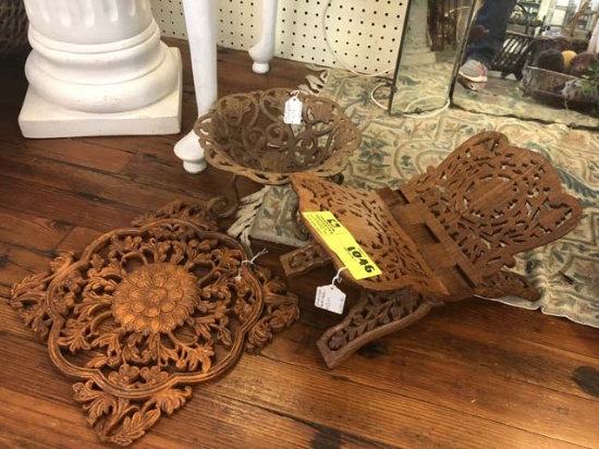 Carved Wooden Book Holder/Stand, Wall Art Medallion, and Cast Iron Footed Basket (10" diameter)