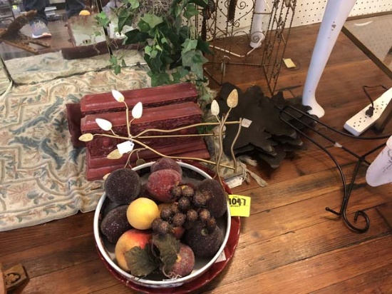 Group of Decorative Items; includes Fruit Bowl (10" diameter) with Artificial Fruit, Red Platter (13