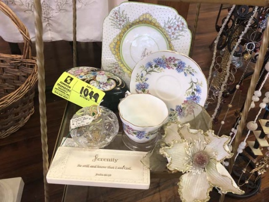 Group of Decorative Items; includes Wild Flowers Design Bone China Cup and Saucer Set, Crystal Dish,