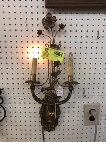 Brass Two Candle Sconce with Floral Design, Crescent BM Company, Electric, 21" tall x 10" wide