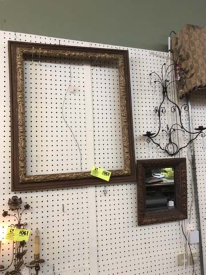 Vintage Frame, 30"x25"; Framed Mirror, 12"x14"; and Black Metal and Crystal Prismed Wall Candle Hold