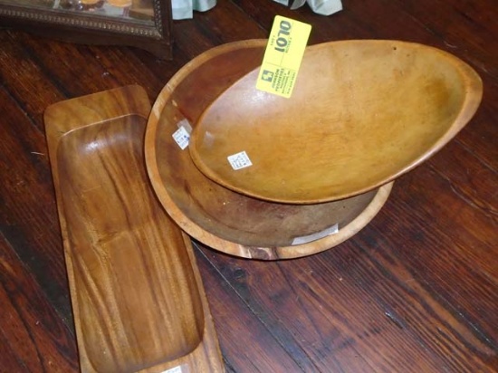 Group of Three Wooden Serving Pieces; includes 18" Royal Acadia Tray, 15" Oval Dough Bowl, and 13" C
